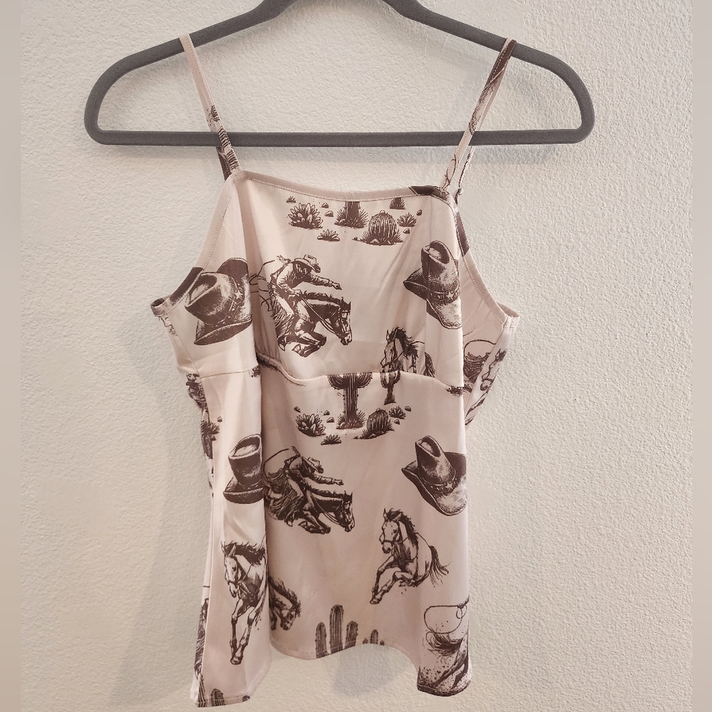 Lucky & Blessed NWT Satin Western Dessert Days Satin Top Cream and Brown - Picture 2 of 5